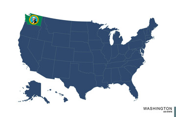 State of Washington on blue map of United States of America. Flag and map of Washington.