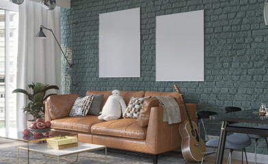 Poster frame mockup in home interior with old retro furniture, 3d render