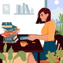 Girl sitting at a table with books and cup of tea.Reading books and studying at home.Background with a window and a shelf. Houseplants in the foreground.Vector flat cartoon illustration.
