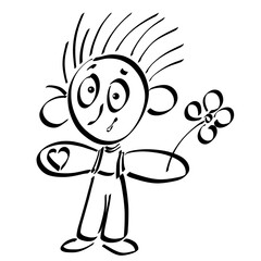funny big-eyed boy with a flower and a heart in his hands, hair on end, black outline