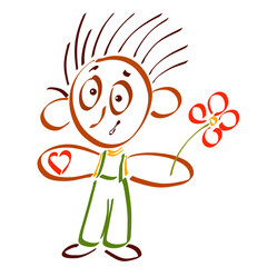 funny big-eyed boy with a flower and a heart in his hands, hair on end
