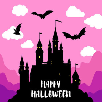 Holiday card with amazing view of castle, bats in sky and text Happy Halloween. Dark gothic picture made up of medieval chateau and bats under pink cloudy sky after sunset as postcard or poster.