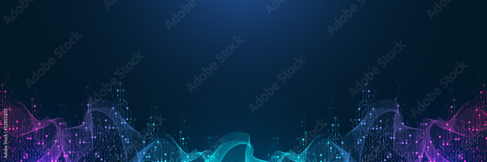 Leinwandbilder Quantum computer technologies concept. Futuristic blue circuit board background vector. Modern technology circuit board texture background design. Waves flow. Quantum explosion technology.