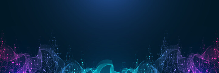 Quantum computer technologies concept. Futuristic blue circuit board background vector. Modern technology circuit board texture background design. Waves flow. Quantum explosion technology. - obrazy, fototapety, plakaty