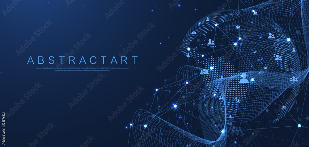 Poster Global network connection concept. Big data visualization. Social network communication in the global computer networks. Internet technology. Business. Science. Vector illustration