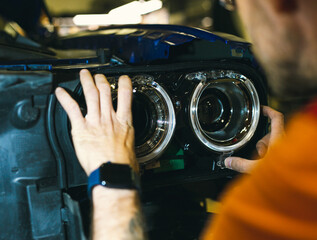 Car headlight in repair close-up. The car mechanic installs the lens in the headlight housing. The concept of a car service.Installation of LED lenses in the headlight. LED lens.Restoration of optics.