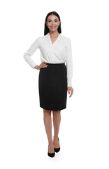 Full length portrait of hostess in uniform on white background