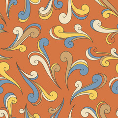 Retro Psychedelic Swirls Vector Seamless Pattern. Nostalgic Vintage Print. Groovy Textile Design. Flower Power Hippie Background