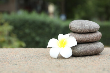 Fototapeta na wymiar Stack of spa stones and beautiful flower outdoors, closeup. Space for text