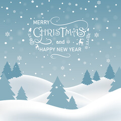 Fototapeta na wymiar Christmas background with calligraphy. Winter landscape on background snowfall. Vector