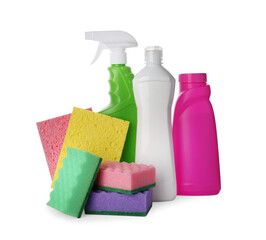 Set of different cleaning supplies and sponges on white background