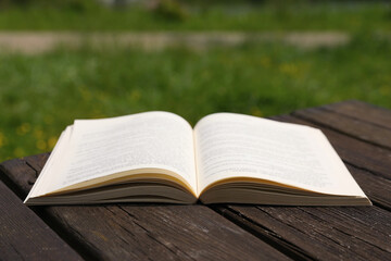 Open book on wooden table in park