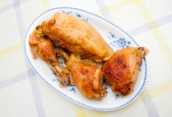 Top view of prepared chicken meat on plate