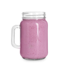 Delicious blackberry smoothie in mason jar on white background