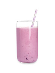 Delicious blackberry smoothie with straw in glass on white background