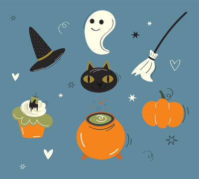 Halloween set. Collection of elements. Horror night party design. Halloween symbol icons. Flat vector illustration isolated on blue background. Happy Halloween from our friends.