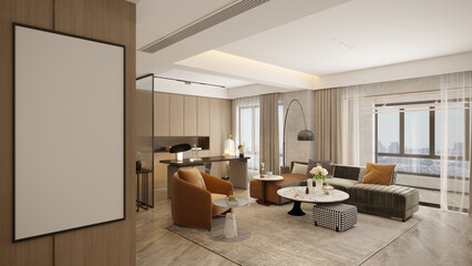 Mockup frame in interior background, room in light pastel colors, Scandi-Boho style, 3d render