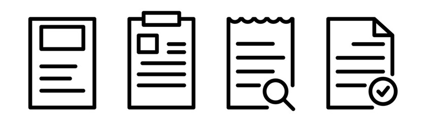File icon set. Document symbol. Clipboard in line. Outline file icon. Linear document. File sign in line. Document in vector. Stock illustration