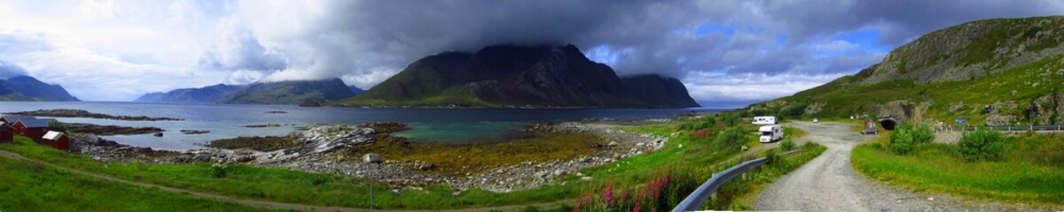Panoramic shot of fjord and mountains in Lofoten islands, Norway