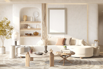 Mock up frame in children room with natural wooden furniture, Farmhouse style interior background, 3D render