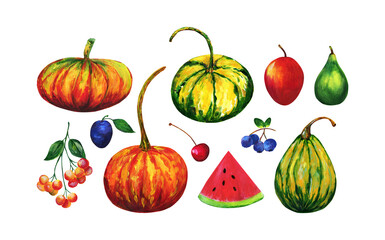 Set of watercolor illustration of vegetables and berries.Bright illustration of juicy seasonal products.