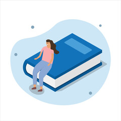 Woman sitting on a book. Book lover. Web flat style illustration. Vector editable