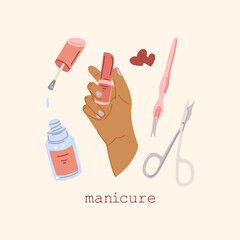 Female hands and manicure accessories. Hand drawn vector illustration of paint nails