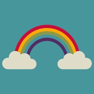 Illustration of a rainbow and two clouds. Dark tones. Vector image
