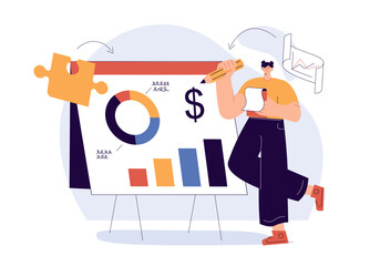 Business Concept illustrations. Women taking part in business activities. Trendy vector style. Data analytics, dashboard