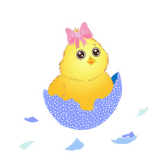 Funny yellow newborn chicken with a bow in broken egg shell, cute emoji character vector Illustration