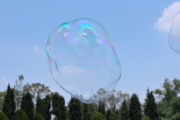 Big soap bubble floating through the air