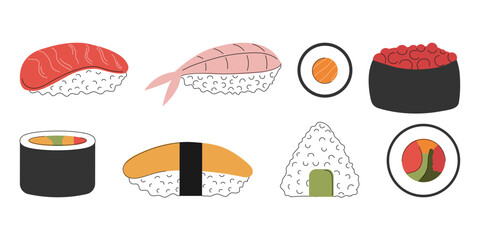 Sushi roll, nigiri vector flat Illustration isolated on a white background. Asian food.