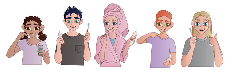 Set of people brushing teeth on white background