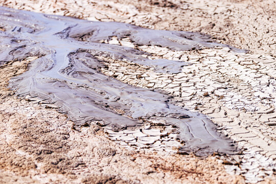 Drying mud stream close-up.