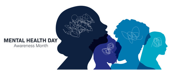 Mental Health Awareness Month banner. People silhouette head isolated.