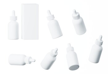 Seven different views of glossy white plastic serum bottle with cap 3D render, cosmetic product packaging isolated on white background