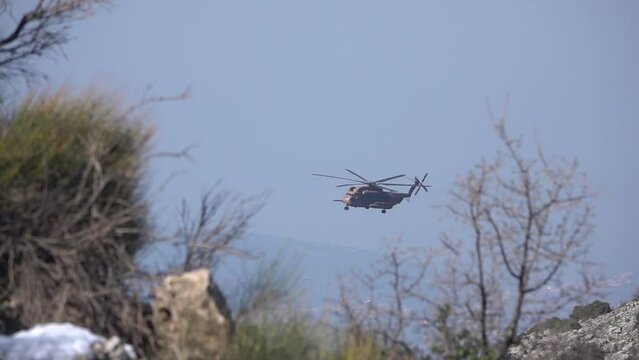 Idf Military CH-53 Sea Stallion Helicopter in Action, Golan heights
Israeli force in Action, Israel,golan Heights,February,16,2022, Slow motion shot

