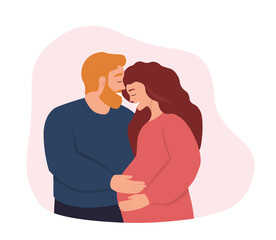 A couple of men and women, future parents expecting a child. Pregnant wife and husband hug. The concept of family, love, motherhood. Vector graphics.