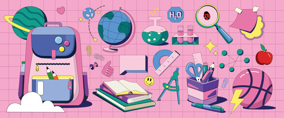 Big vector set with school subjects. Collection of flat illustrations. Globe, books, briefcase, pen holder, test tubes and everything related to science on a pink background. icons