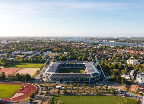 Aerial view at Ostseestadion, home stadium of FC Hansa Rostock. Germany - May 2022