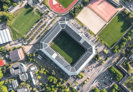 Aerial view at Ostseestadion, home stadium of FC Hansa Rostock. Germany - May 2022