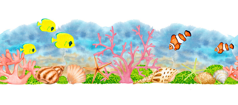 Seamless border with corals, shells and tropical fish. Hand-drawn watercolor on a white background.