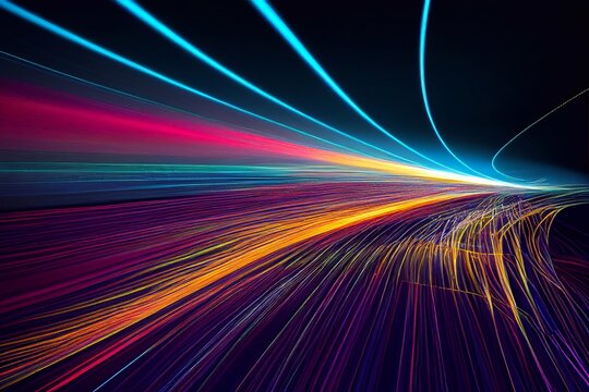A computer generated digital illustration of an abstract futuristic bright colourful neon light trails energy style swoosh background.