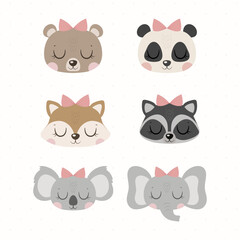 Cute animals. Vector set of cute animal faces. Bear, panda, fox, raccoon, koala, elephant. kids illustration