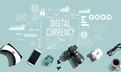 Digital currency theme with electronic gadgets and office supplies - flat lay
