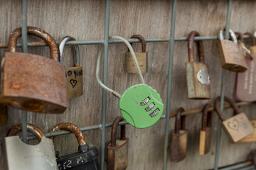 Metal locks. A bunch of locks. Heart locks. A symbol of love