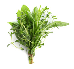Bunch of fresh aromatic herbs on white background, top view © New Africa