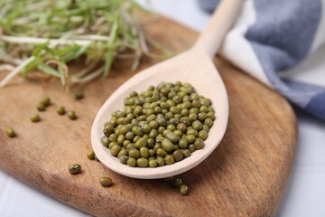 Wooden spoon with mung beans and board on table, closeup