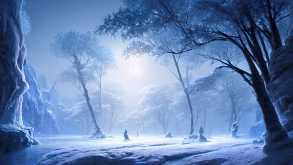 Fantasy winter landscape, frozen river, trees in the snow. Beautiful winter background. Magic fairy tale neon landscape, winter forest, portal, magic. 3Dillustration.