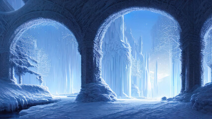 Fantasy winter landscape, frozen river, trees in the snow. Beautiful winter background. Magic fairy tale neon landscape, winter forest, portal, magic. 3Dillustration.